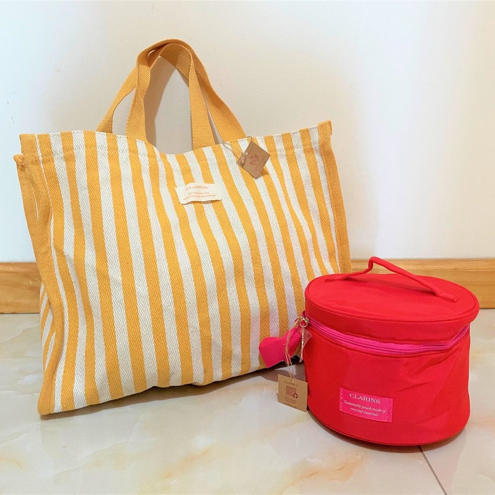 NWT Clarins Yellow Tote and Red Make-up Pouch Set